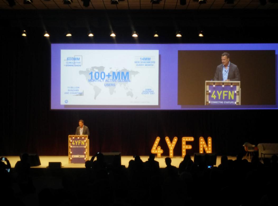 SendFaster's tweet photo. @rriley17 starts the @Shazam talk playing an ultrasound tone to trigger shaman on people's phones. #4YFN #MWC15 #cool http://t.co/xV06O8v1u6