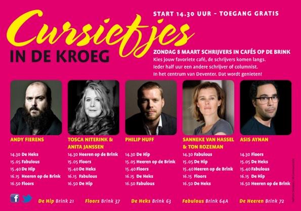 Aanstaande zondag 14:30 - 18:00 staan er weer allerlei schrijvers in onze kroeg (Deventer Boekenweek). Kom je ook?