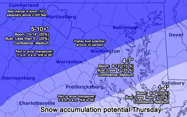 capitalweather's tweet image. Our "first call" snowfall map for Thurs (ICYMI).  More info: wapo.st/1NelHFg