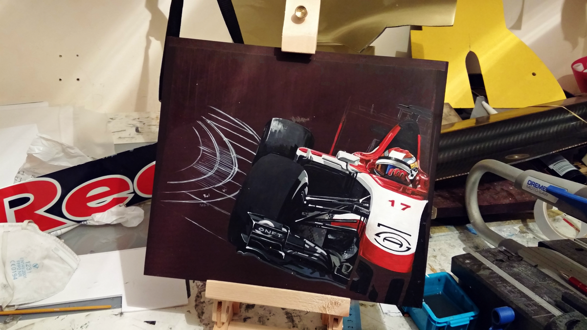 artiF1ed's tweet photo. New painting! @Jules_Bianchi #MonacoGP painted on plank section from a 2014 @MarussiaF1Team_ F1 car. #ManorGP #F1 #MS http://t.co/CEeWklmxi0