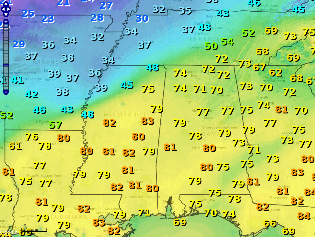 NWSMobile's tweet photo. Very easy to see where the front is this aftn. The front will bring us a 30-40 degree drop in temps tomorrow. #mobwx http://t.co/CHL2Mx2Kgw