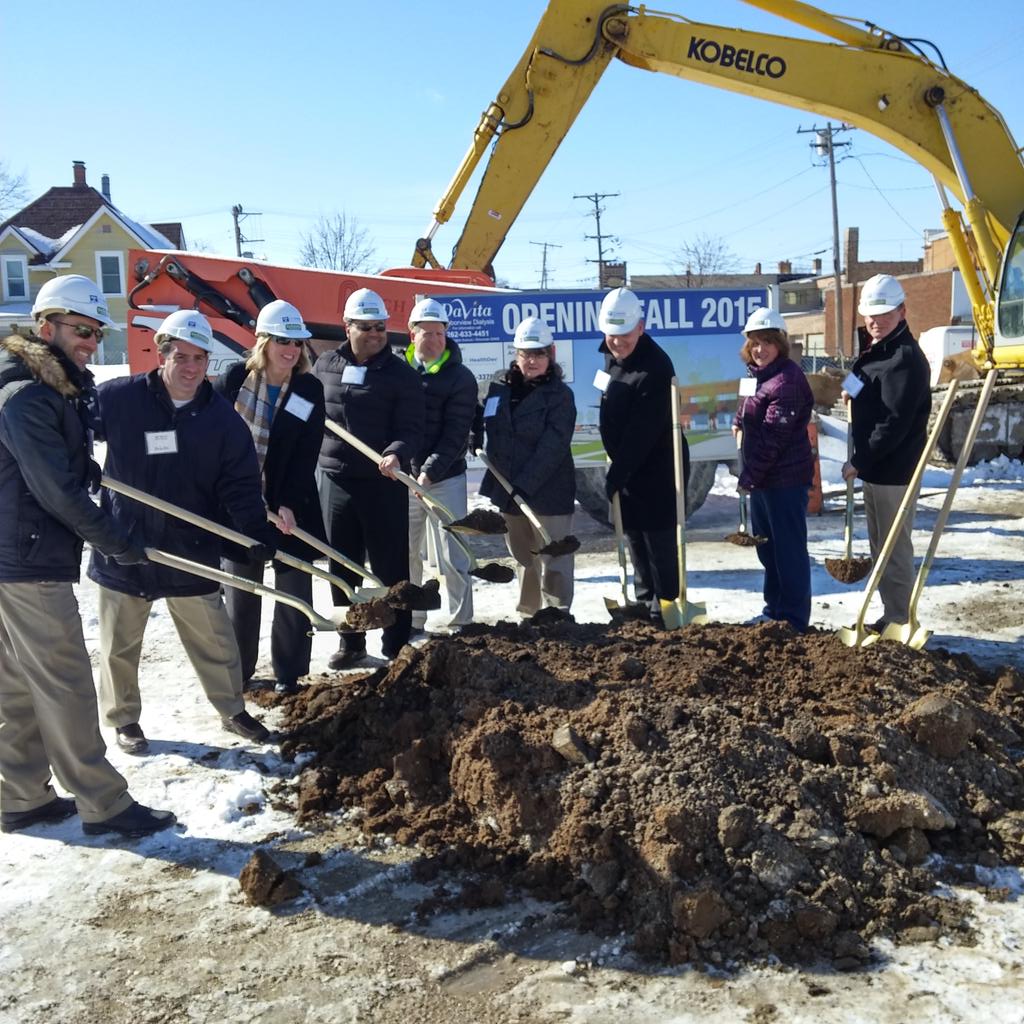 PCIHealthDev's tweet photo. The @DaVita team breaking ground. A brisk 18 degrees in @CityofRacine #whatcanwebuildforyou http://t.co/hvrB3pv57e