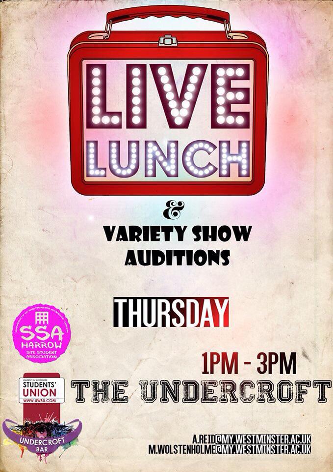 SSAHARROW's tweet photo. Hurry and SIGN UP for the Live Lunch and Variety Show Auditions in the @undercroftbar tomorrow! http://t.co/DsZIIGqaNB
