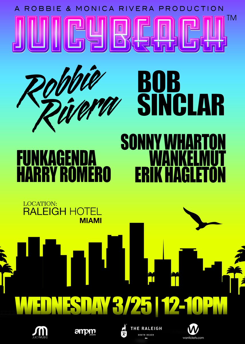 JuicyBeachworld's tweet photo. The full WMC #JuicyBeach line-up is here! Grab your tickets now: http://t.co/C4weUXHLKF @RobbieRivera @AmPmPresents http://t.co/tT6rlT7ls9