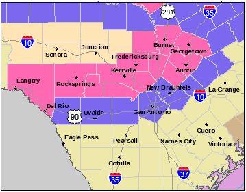 Winter Storm Warning in pink and Winter Weather Advisory in purple below. In effect from midnight to noon Thursday.