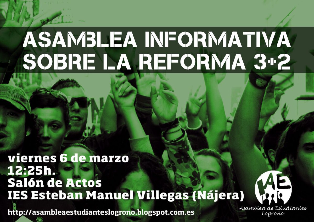 estudiantesnjr's tweet photo. ASAMBLEA INFORMATIVA SOBRE 3+2 ESTE VIERNES EN LOS INSTITUTOS DE NÁJERA. VILLEGAS: http://t.co/ezm5HrfC7q