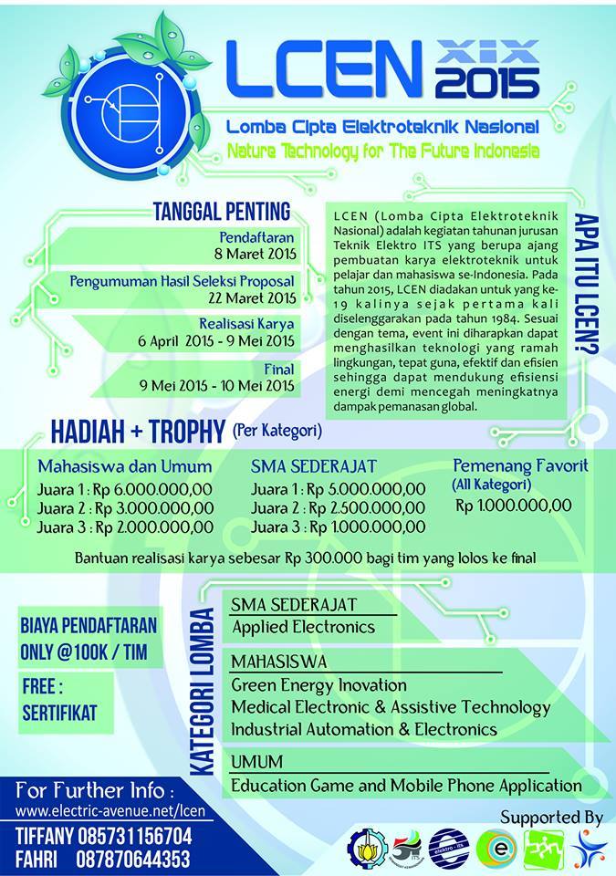 sudah nemu ide cemerlang dalam bidang elektroteknik? langsung daftarin aje ke <a href="/LCEN_ITS/">LCEN</a>  , <a href="/HME_FTUB/">Himpunan Elektro UB</a> <a href="/HME_ITB/">HME ITB</a>