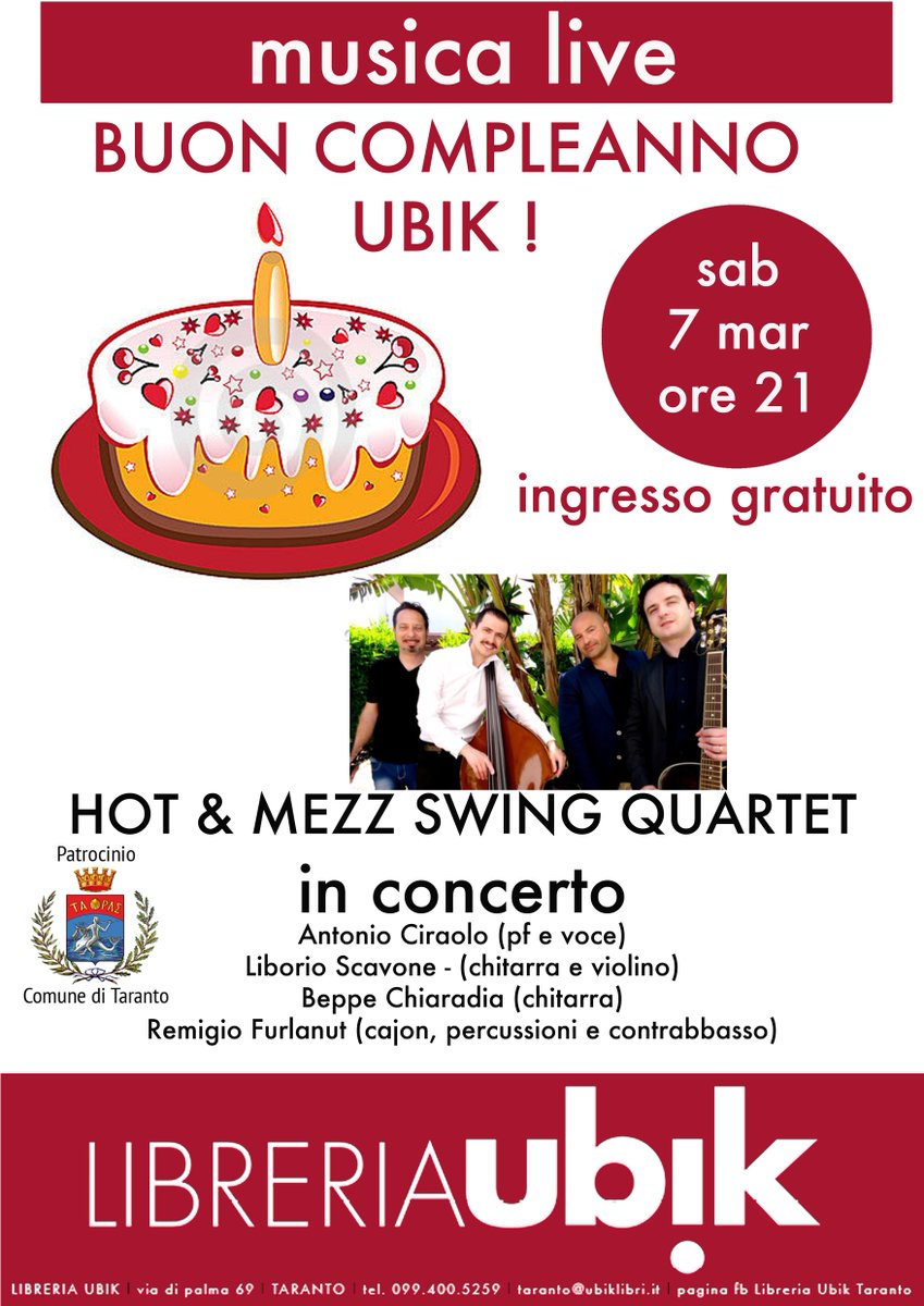UbikTaranto's tweet photo. Buon primo compleanno @UbikTaranto!
Sab.7mar. 
h21.00
Hot &amp; Mezz Swing Quartet in concerto!
Libreria @UbikTaranto http://t.co/9vChhgJNYm