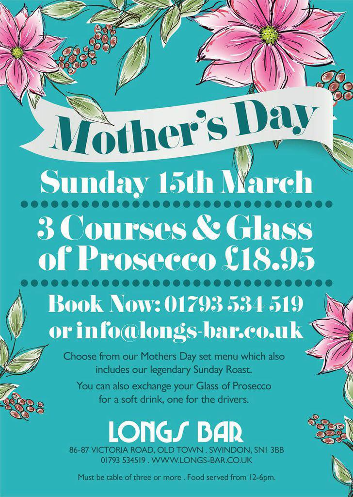 LongsBarSwindon's tweet photo. Join us for Mother's Day sunday 15th. Treat your mum, yourself or both. #MothersDay http://t.co/tJB2NPsbXG
