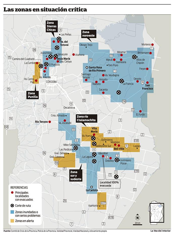 INUNDACIONES EN CÓRDOBA. Zonas de catástrofe, principales localidades con evacuados y las rutas con cortes.