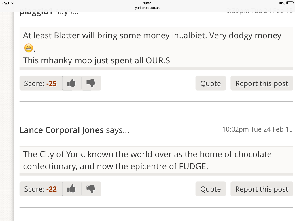 GSwinburn's tweet image. Ooooooh Corporal Jones 

#fudgegate 
Oops those comments 
@yorkpress  

yorkpress.co.uk/news/11814872.…