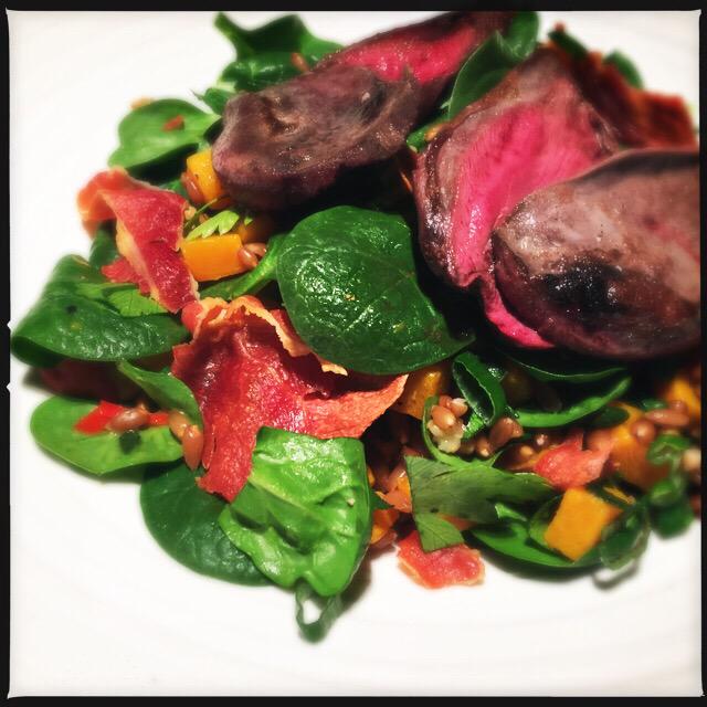 Zlisterchef's tweet image. Pigeon, pancetta &amp;amp; spelt salad #freshforspring @pridefooddoc