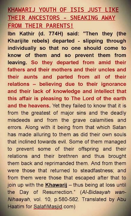 AbuKhadeejahSP's tweet photo. Why Khawârij #ISIS youth of today are no different from their ancesters. Slipping away secretely - by Ibn Katheer. http://t.co/fEgfrsVC8T