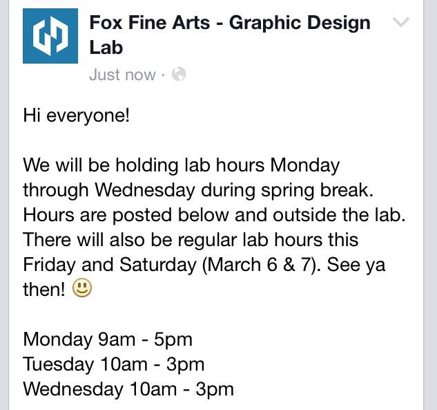 DOArt's tweet photo. Spring break lab hours for the graphic design lab :-) http://t.co/5PILgangvd
