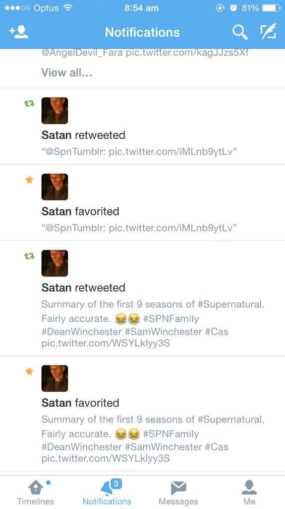 SPNFamiIy's tweet photo. That slightly alarming moment when you see that satan has been on your timeline! 😳😂😂 #HelloLucifer @alyssacarterda1 http://t.co/WdnTvyvCvG