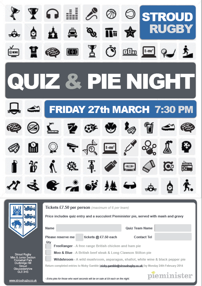 StroudRugby's tweet photo. Quiz and Pie Night at the club Fri 27 Mar 7:30pm http://t.co/yQ4hMkeLlh