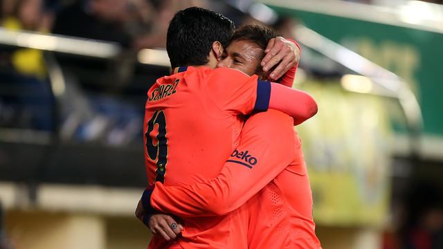 FCBarcelona's tweet photo. .@NeymarJr and @LuisSuarez9 jubilant for first berth in Spanish Cup final. http://t.co/3PRkf0gGTH http://t.co/vuKLhFhHSw