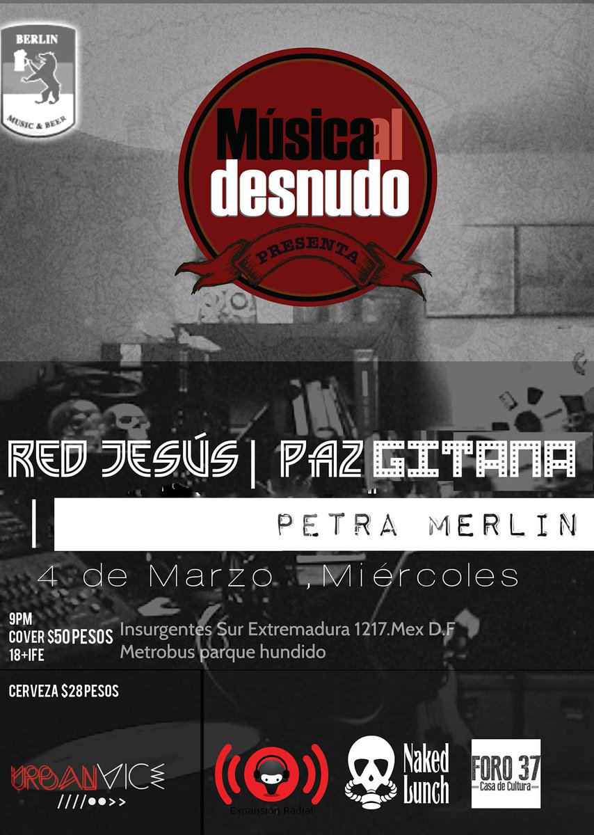 Pazquintana's tweet photo. Hoy México!! 22 hrs, en BERLIN BAR, junto a @redjesusmusic y Petra Merlin !! #pazgitana live http://t.co/KZYChglhhD