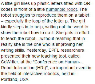 SuB8u's tweet photo. This is cool. Making children learn by teaching - to a robot that struggles to learn. 
http://t.co/HAR68x8V2A http://t.co/0UE6uRaU61