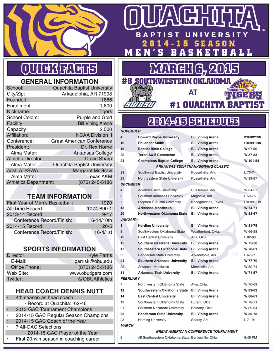 OuachitaTigers's tweet photo. MBB: Everything you need to know for Friday's game. #1 @OBUHoops takes on #8 SWOSU @ 5:45 p.m. http://t.co/fuQPqx8eep http://t.co/Oy8kjlEX4i