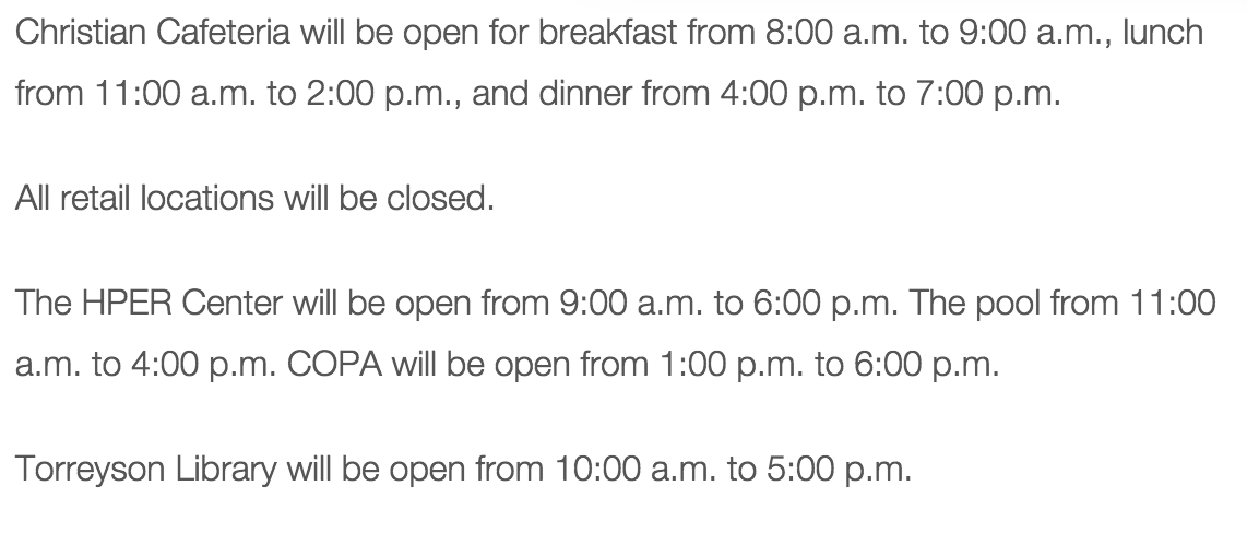 ucabears's tweet photo. Dining, HPER, and Library hours for Thursday, March 5. http://t.co/ww1e27eQ23
