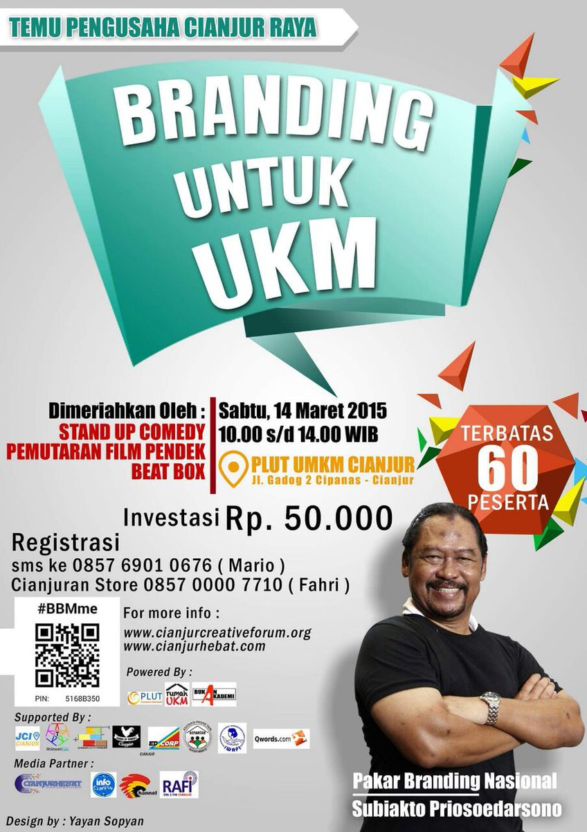 Kelas #BrandingUKM Cianjur bersama pak <a href="/Subiakto/">Subiakto</a> ini terbatas utk 60 peserta lho. Pendaftaran/CP: <a href="/MarioDevys/">IG: @mariodevys</a>
