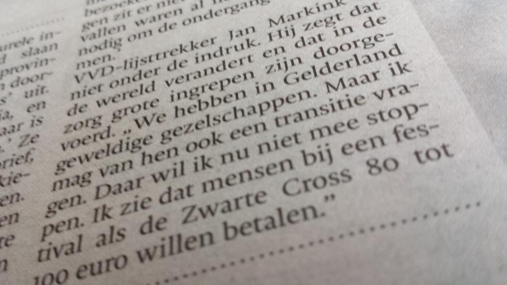 Voorpagina <a href="/dgachterhoek/">De Gelderlander</a> 'Cultuur slaat alarm'. Voor Jan Markink moet cultuur zich meten aan Zwarte Cross.