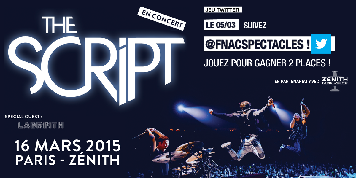 🏆 #JeuFS Gagnez 2 places pour <a href="/thescript/">the script</a> en live <a href="/Zenith_Paris/">Zénith Paris - La Villette</a> ! Billets ➡ bit.ly/BilletsTheScri…  
➡Follow+RT av 00h