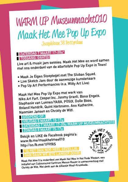 Flyer vd #popup #expo &amp; #warmup tgv <a href="/Museumnacht010/">Museumnacht010</a> #MN010 mo 7/3 v 17-20 <a href="/cultuurscouts/">Cultuurscouts Rdam</a> <a href="/CultuurscoutCen/">Menno Rosier</a> #live #art
