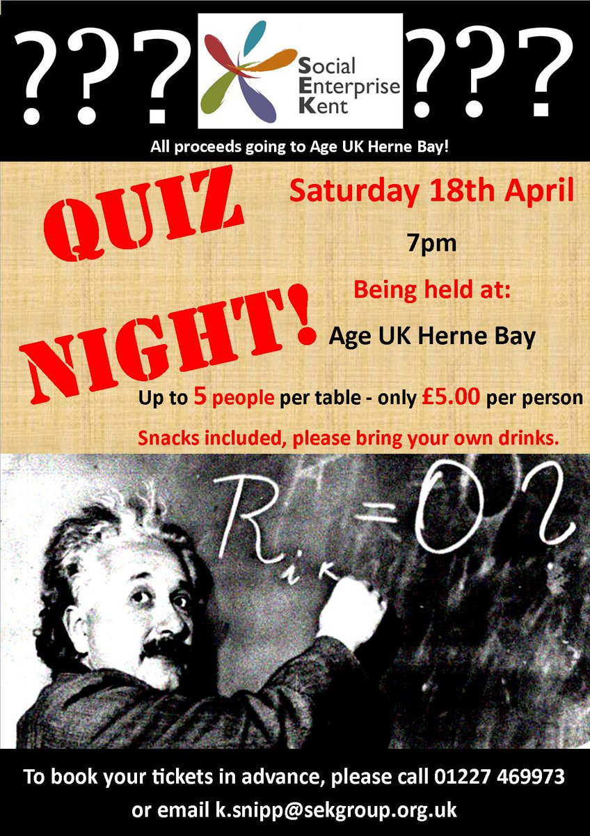 SocEntKent's tweet image. We are providing a Quiz Night on the 18th April at Age UK Herne Bay - Proceeds going to Age UK. Book today  #ageuk