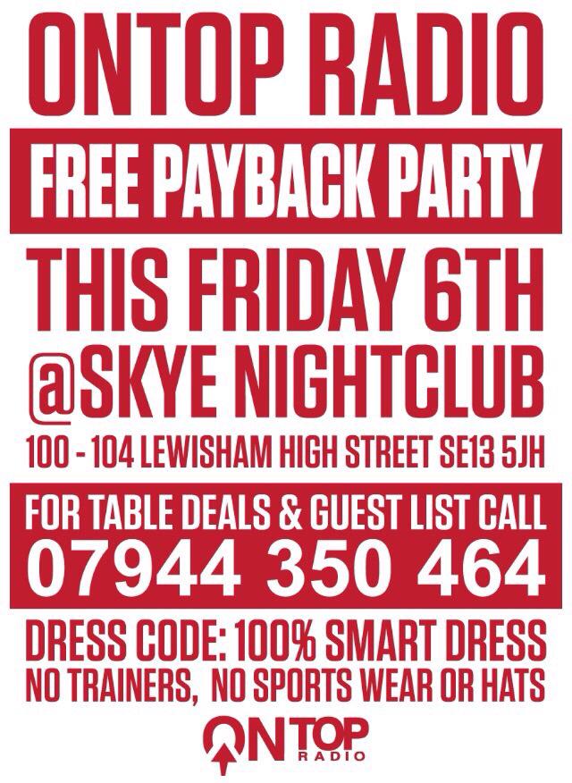 OnTopFM's tweet image. @HeartInMusicENT RT OnTop Radio presents PANACHE LONDON @ Skye Nightclub Lewisham This Friday : LADIES 100% FREE