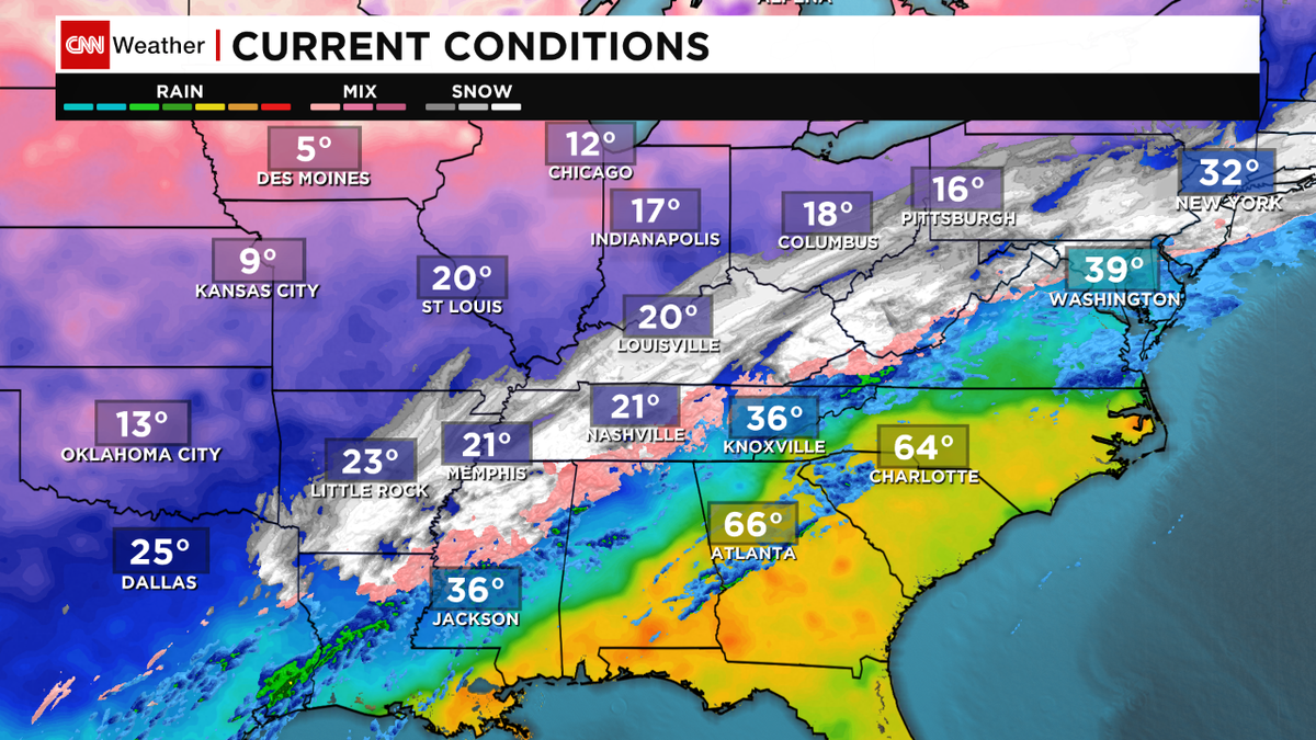 CNNweather's tweet photo. It's easy to spot the cold front this morning. Temps dropping 20-50 degrees behind it with #ice & #snow @cnn #CNNsnow http://t.co/a0b9z4fvWY