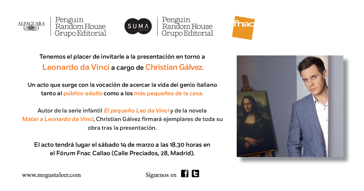 Anotad esto en vuestras agendas: El sábado 14 <a href="/ChristianG_7/">Christian Gracias</a> nos habla de Leonardo da Vinci en <a href="/Fnac_Callao/">Fnac Callao</a> ;)