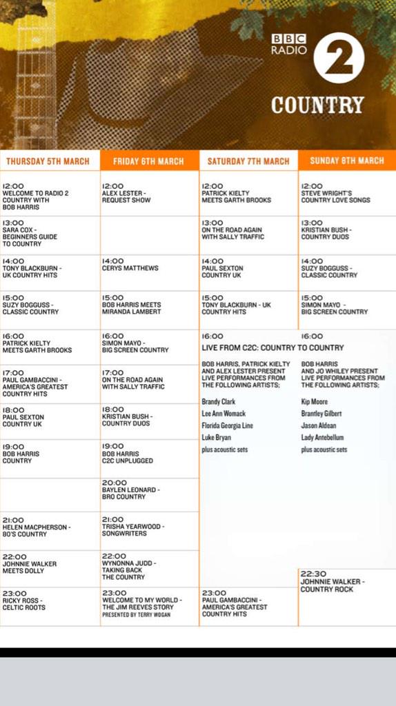 Listen to BBC radio 2 for your country fix this weekend. Here's the schedule :)