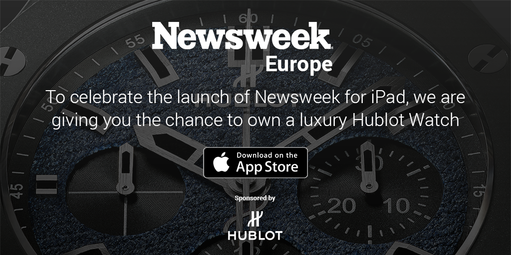 NewsweekUK's tweet photo. Our new iPad App is here! Click here for a free trial and the chance to own a Hublot watch http://t.co/advCY6YgCr http://t.co/D8wVOPFlJF