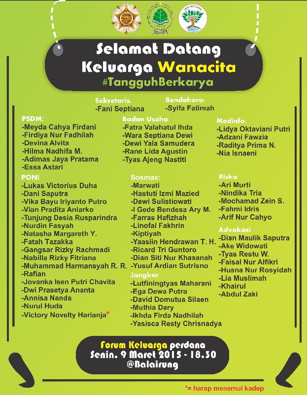 lemfktugm's tweet photo. Selamat datang keluarga wanacita, selamat mengemban amanah. Salam #TangguhBerkarya http://t.co/X5poZIl0dl