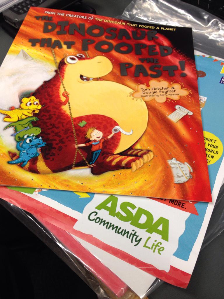 AsdaLongwell's tweet photo. The well thumbed copy of 'The Dinosaur that pooped...' Back from another book reading on #WorldBookDay http://t.co/5cZgoVdKLM