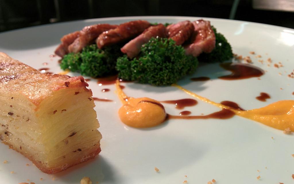 Pan seared Duck breast, potato gratain, battered Kayle &amp; carrot puree. Our special until 5 today. £7.96 w/ side
