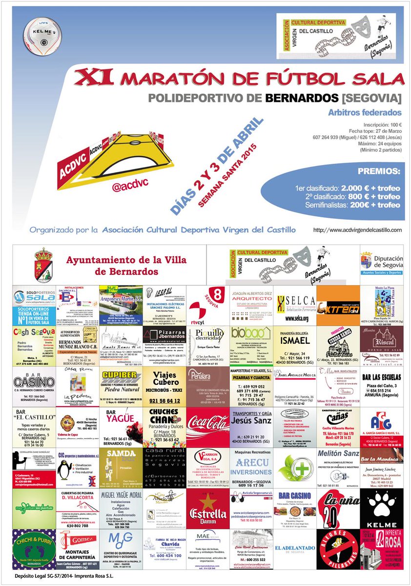 acdvc's tweet photo. XI Maratón de fútbol sala en Bernardos (SG). 2-3 de abril, 3.200 € en premios. Gracias a todos los colaboradores http://t.co/OpFyPAEyti