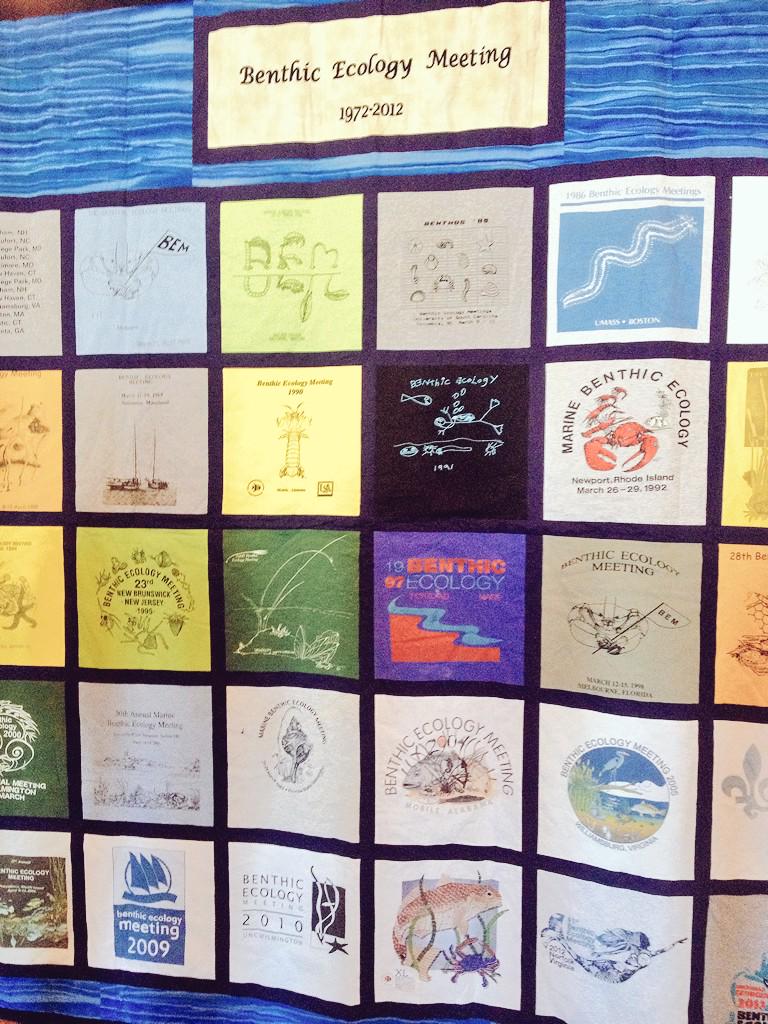NSUCoralNursery's tweet photo. T-Shirt quilt of #BEM through the years! On display at #benthics2015 http://t.co/HBkh5muRae
