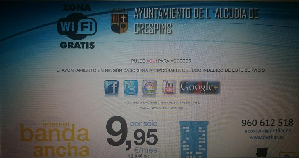 NetllarLaC's tweet photo. Pantalla zona wifi gratuïta que prompte disfrutaran els veïns de L'Alcudia gràcies a @AjuntaAlcudiaCr i @NetllarLaC http://t.co/fabvpqV9Ye