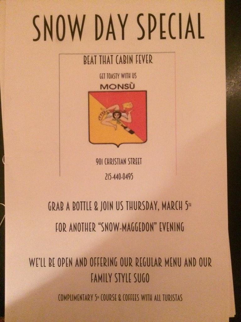 Sunday Gravy menu offered today for the snow.  Grab a bottle and book a table 215-440-0495