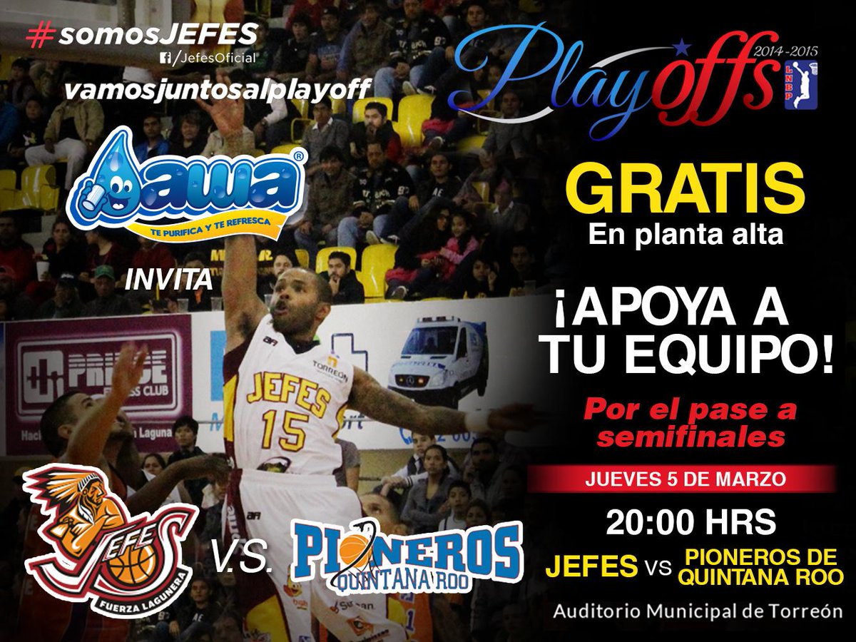 Por el pase a semifinales <a href="/JefesOficial/">JefesFuerzaLagunera</a>, hoy a las 8:00 pm. ¡Entrada GRATIS planta alta! #somosJEFES #AWA #playoffs