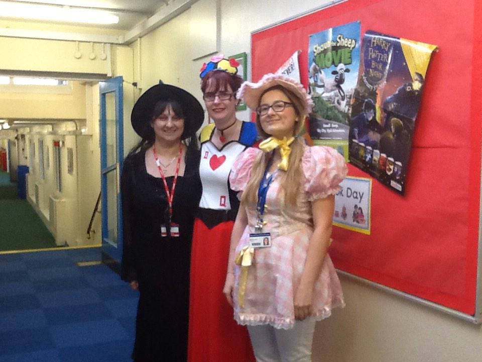 Staff enjoyed the day too #WorldBookDay2015 wicked witch meets queen of hearts meets Goldilocks