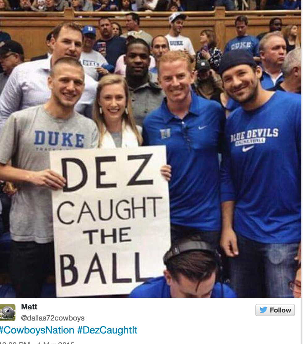 ESPNNFL's tweet photo. Tony Romo, DeMarco Murray, Jason Witten and Jason Garrett pose with some fans at the Duke game (via @dallas72cowboys) http://t.co/07nPzRuoDA