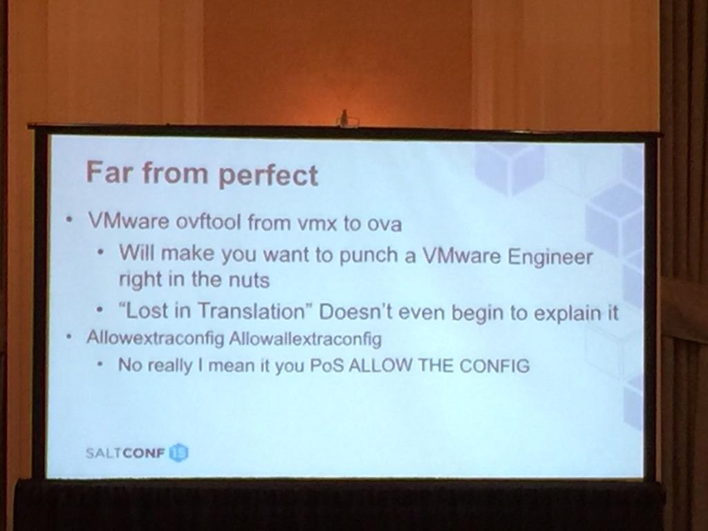 johnstsai's tweet photo. #saltconf15 - the presenter will remain innocent but I had to share this slide. VMware SEs beware! http://t.co/HScCxu7PAg