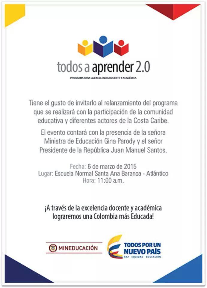 MartaISernaN's tweet photo. Con excelencia docente y académica, Colombia, la más educada 2025. Relanzamiento #TodosaAprender 2.0. Compromiso. http://t.co/ZAFBoYyF3T