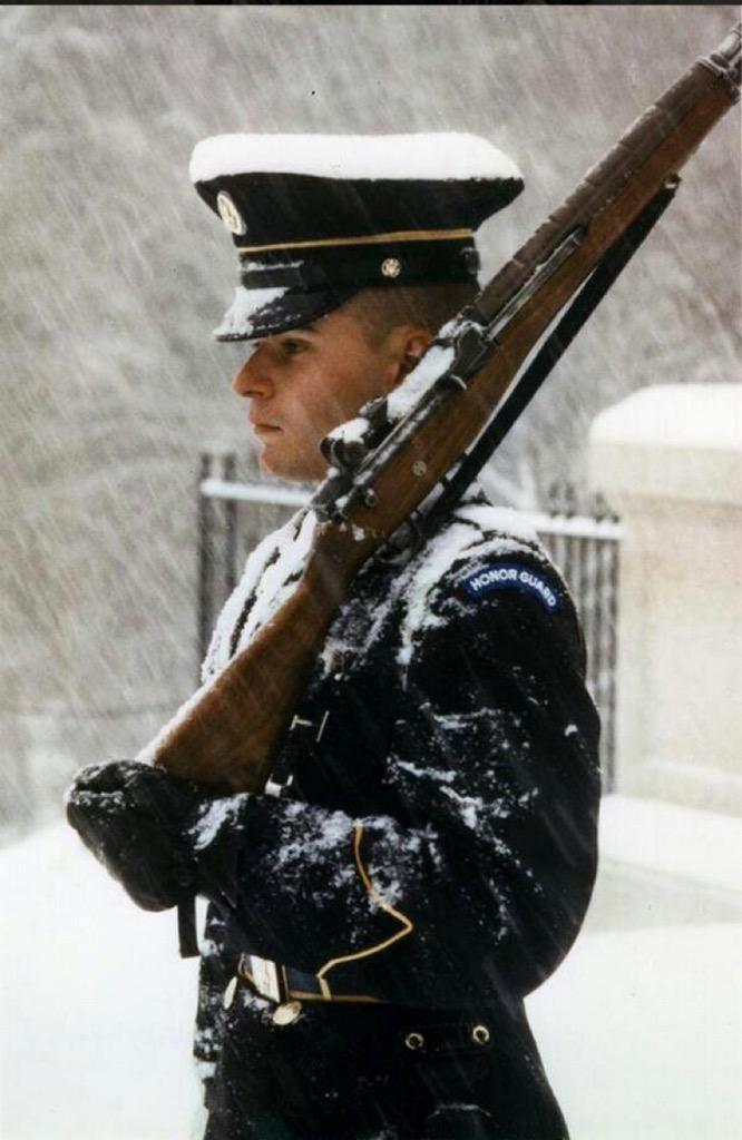 Tomb of the Unknown Soldier still on duty...snow day in Washington. Gives me hope for the next generation. #honor