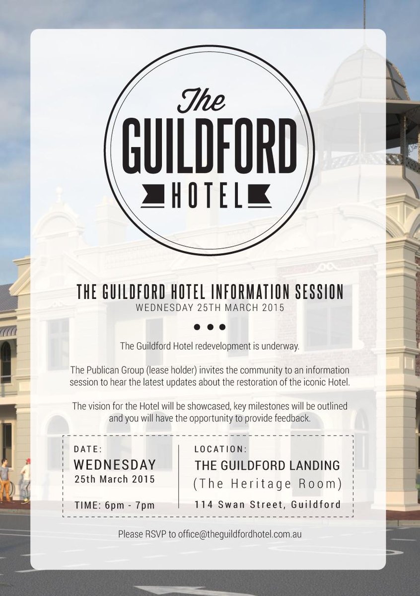 We're hosting a community info session about The <a href="/_GuildfordHotel/">The Guildford Hotel</a> redevelopment. 25 March at The #Guildford Landing