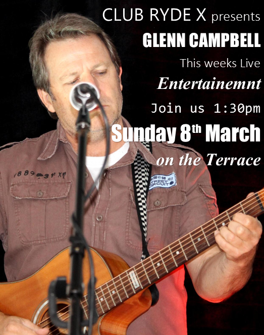 ClubRydeX's tweet photo. Club Ryde X presents Glenn Campbell...Don't miss out on this Sundays free live entertainment! #clubrydex http://t.co/KfOrdsdFXn
